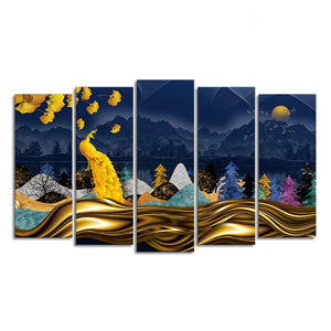 Golden Peacock in Dark Forest Premium Wall Painting Set of 5 Pieces