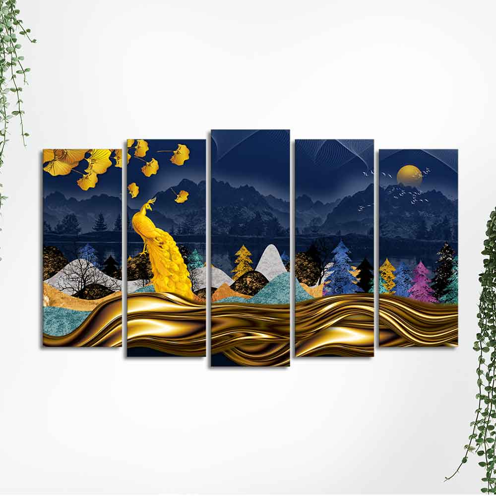 Golden Peacock in Dark Forest Premium Wall Painting Set of 5 Pieces