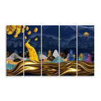 Golden Peacock in Forest Premium Wall Painting Set of Five