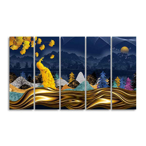 Golden Peacock in Forest Premium Wall Painting Set of Five