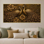 Golden Peacock Pair with Floral Design Metallic Look 3D Canvas Wall Painting