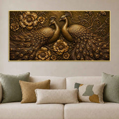Golden Peacock Pair with Floral Design Metallic Look 3D Canvas Wall Painting