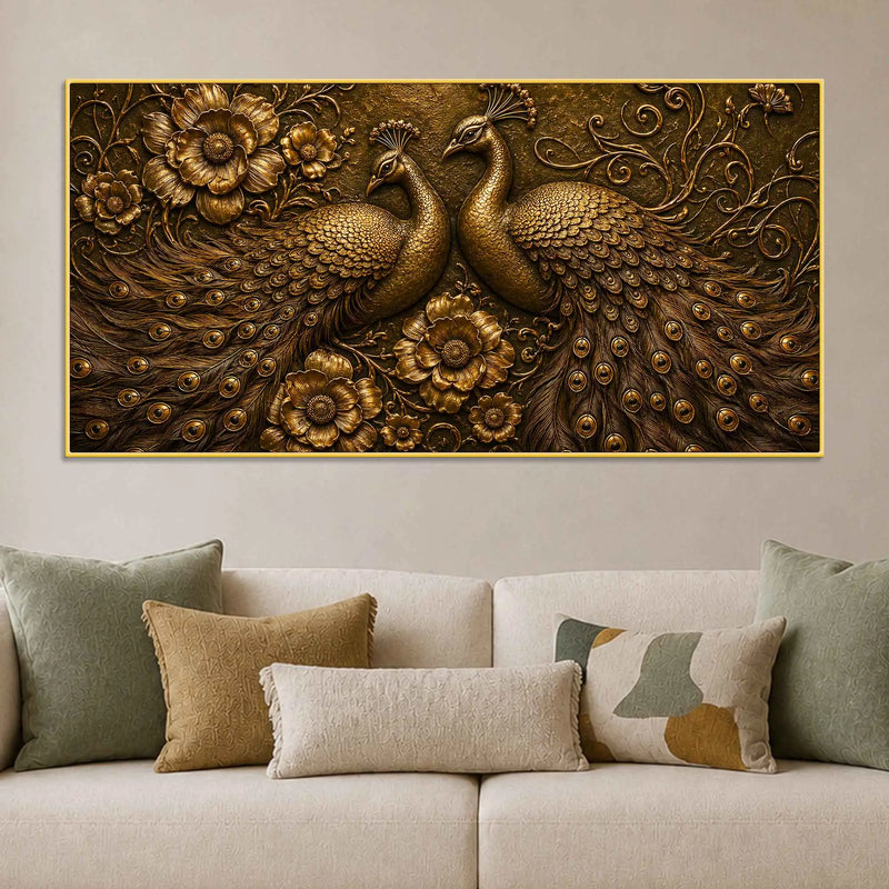 Golden Peacock Pair with Floral Design Metallic Look 3D Canvas Wall Painting