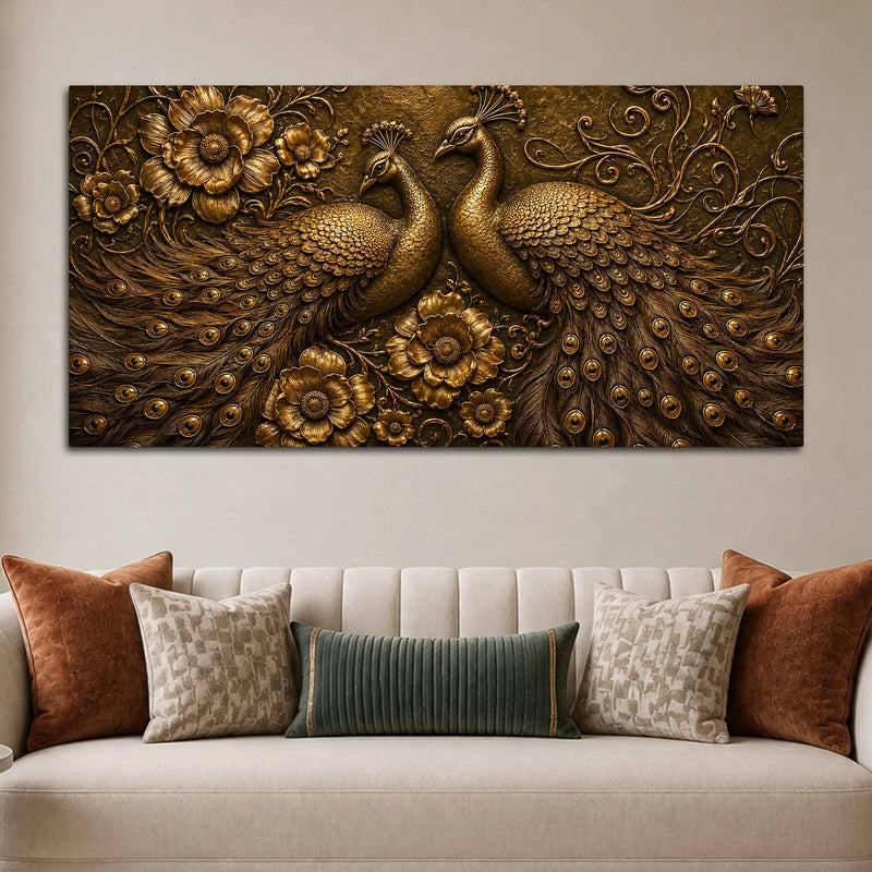 Golden Peacock Pair with Floral Design Metallic Look 3D Canvas Wall Painting