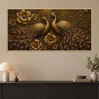 Golden Peacock Pair with Floral Design Metallic Look 3D Canvas Wall Painting