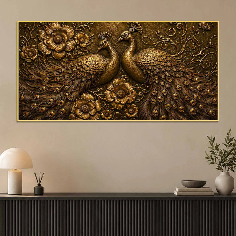 Golden Peacock Pair with Floral Design Metallic Look 3D Canvas Wall Painting