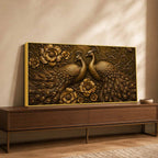 Golden Peacock Pair with Floral Design Metallic Look 3D Canvas Wall Painting
