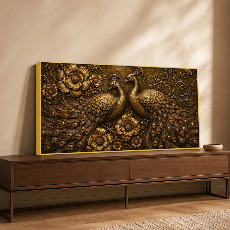 Golden Peacock Pair with Floral Design Metallic Look 3D Canvas Wall Painting