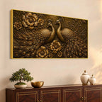 Golden Peacock Pair with Floral Design Metallic Look 3D Canvas Wall Painting