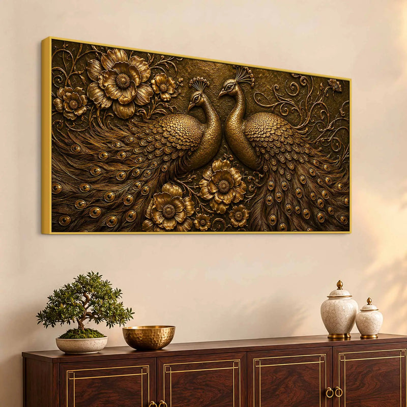 Golden Peacock Pair with Floral Design Metallic Look 3D Canvas Wall Painting