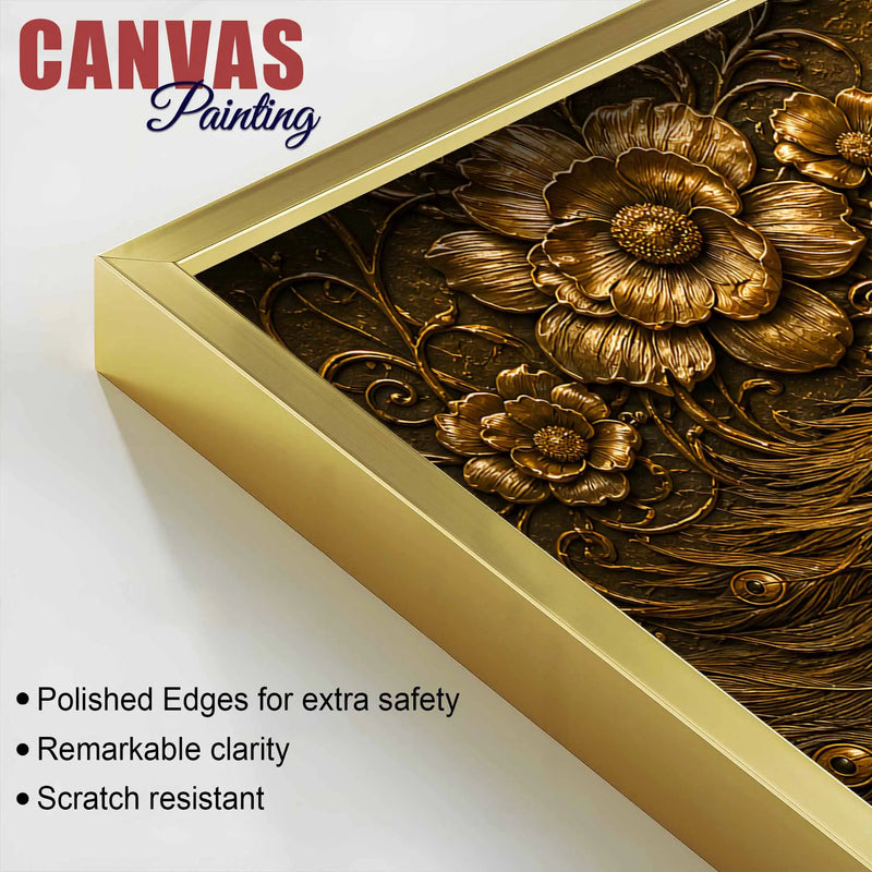 Golden Peacock Pair with Floral Design Metallic Look 3D Canvas Wall Painting