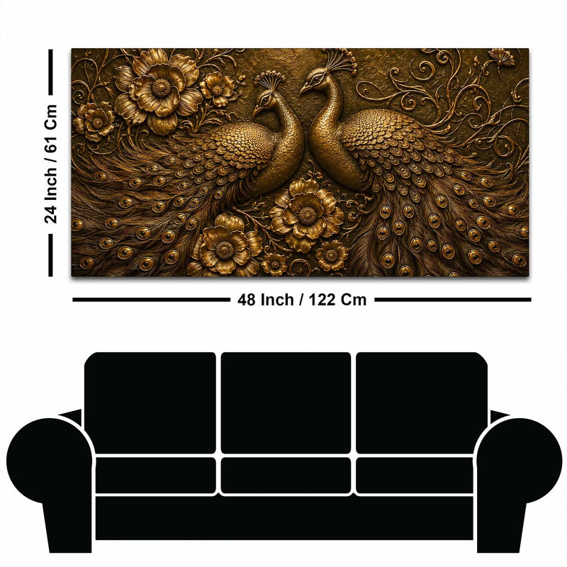 Golden Peacock Pair with Floral Design Metallic Look 3D Canvas Wall Painting