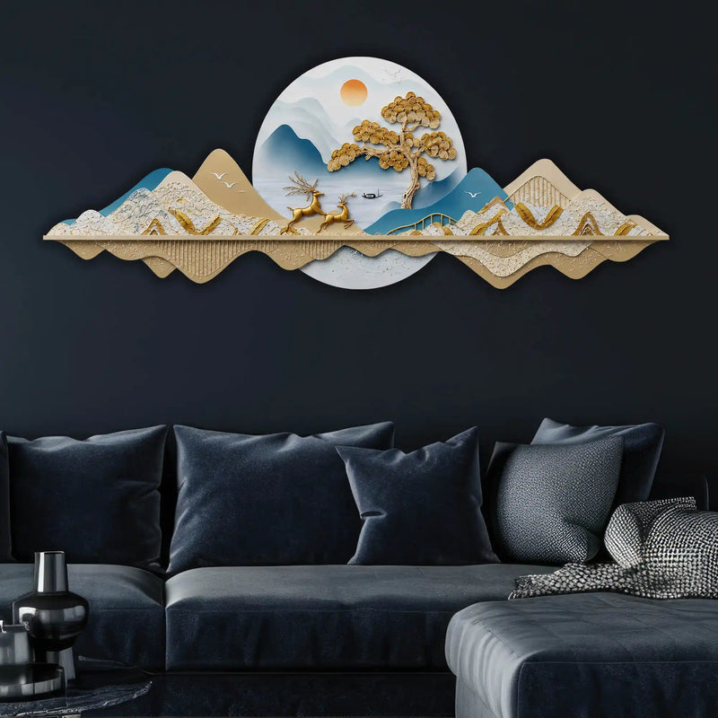 Golden Peaks Jumping Deers & Mountains Crystal Glass Backlit LED Painting