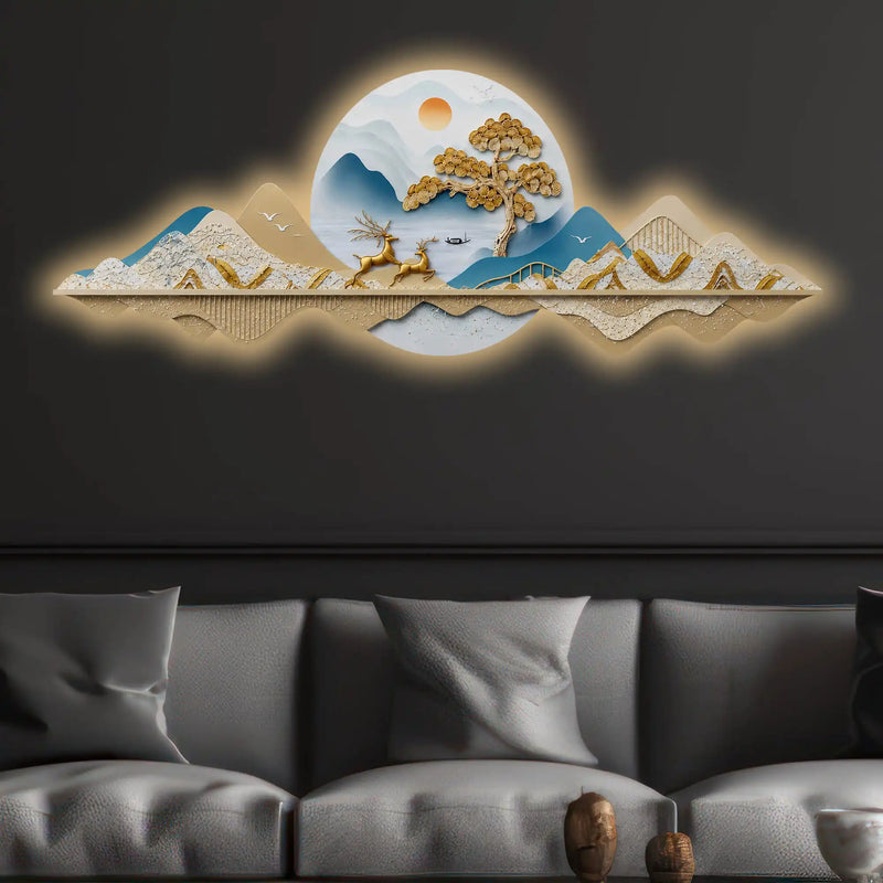 Golden Peaks Jumping Deers & Mountains Crystal Glass Backlit LED Painting
