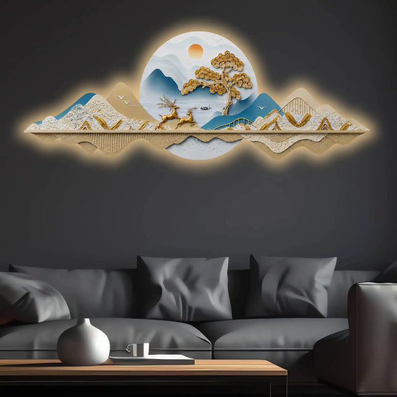 Golden Peaks Jumping Deers & Mountains Crystal Glass Backlit LED Painting