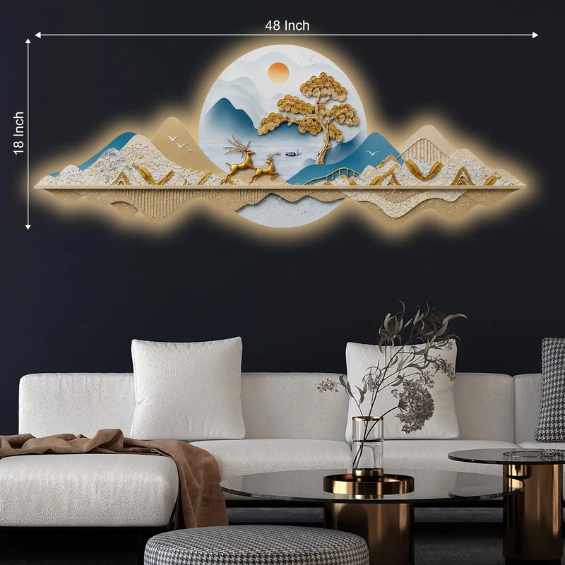 Golden Peaks Jumping Deers & Mountains Crystal Glass Backlit LED Painting