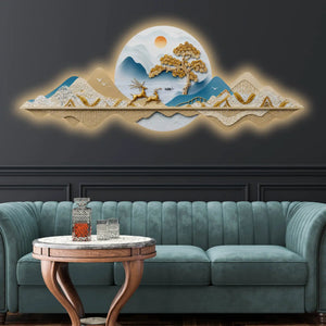 Golden Peaks Jumping Deers & Mountains Crystal Glass Backlit LED Wall Art