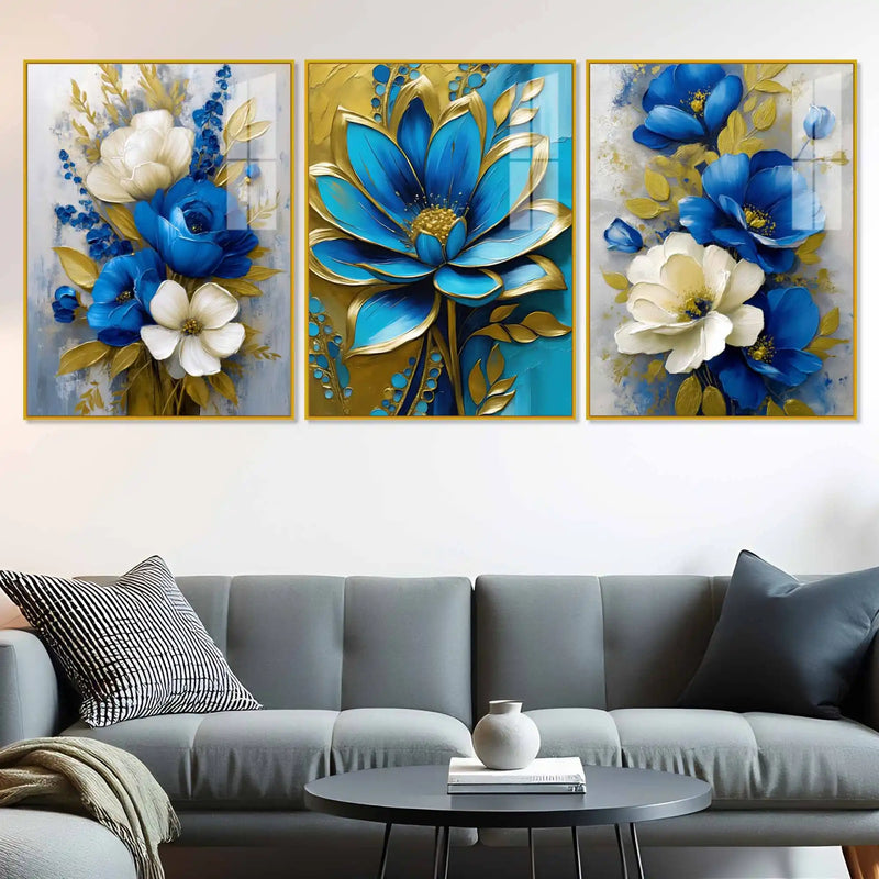 Golden Petal Blossom Artwork Acrylic Floating Frame Wall Painting Set of 3
