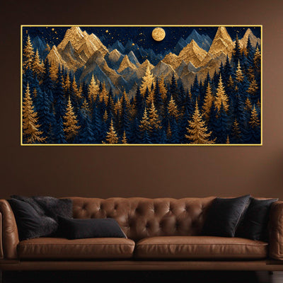 Golden Pine Forest and Mountains Beneath the Full Moon 3D Canvas Wall Painting