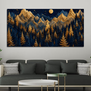 Golden Pine Forest and Mountains Beneath the Full Moon 3D Canvas Wall Painting