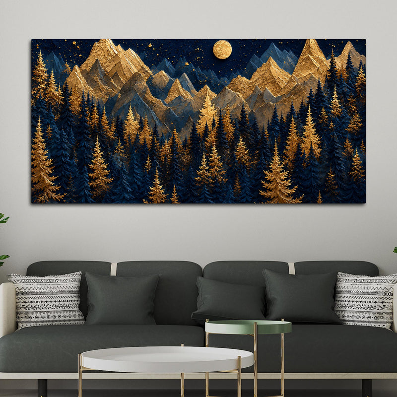 Golden Pine Forest and Mountains Beneath the Full Moon 3D Canvas Wall Painting