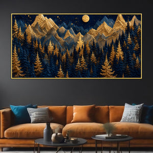 Golden Pine Forest and Mountains Beneath the Full Moon 3D Canvas Wall Painting