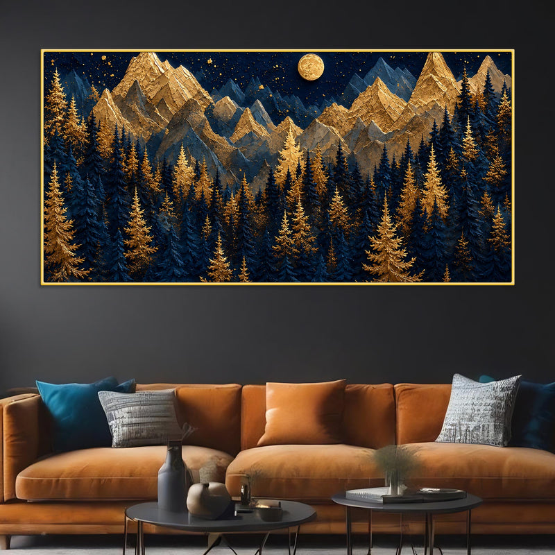 Golden Pine Forest and Mountains Beneath the Full Moon 3D Canvas Wall Painting