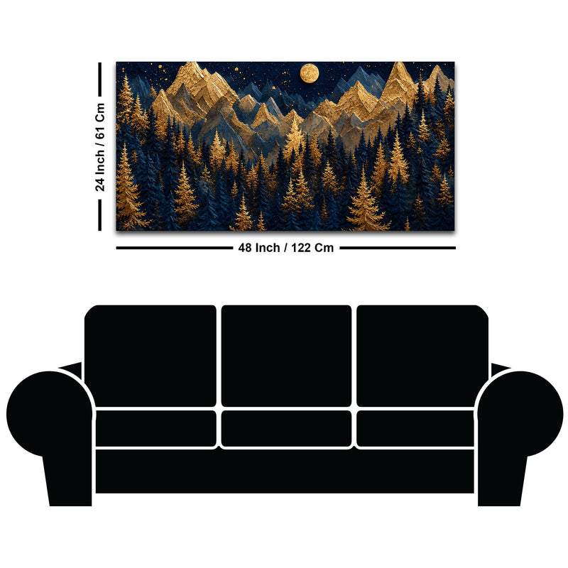 Golden Pine Forest and Mountains Beneath the Full Moon 3D Canvas Wall Painting