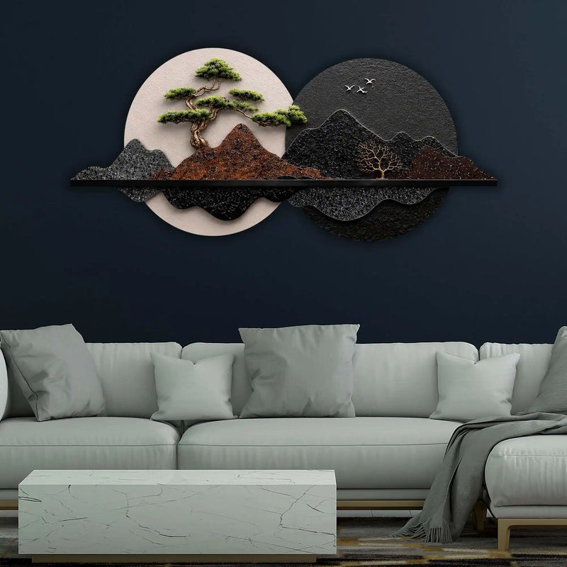 Golden Pine Tree Dual Moon Landscape Premium Crystal Glass Backlit LED Painting