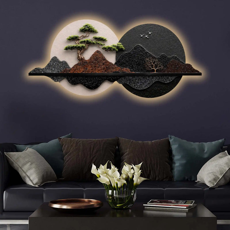 Golden Pine Tree Dual Moon Landscape Premium Crystal Glass Backlit LED Painting