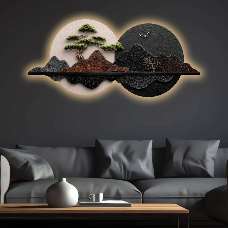 Golden Pine Tree Dual Moon Landscape Premium Crystal Glass Backlit LED Painting
