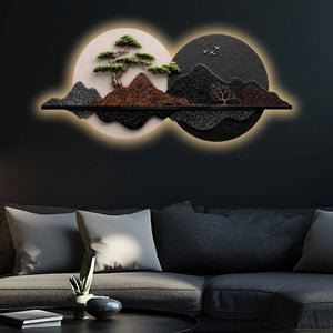 Golden Pine Tree Dual Moon Landscape Premium Crystal Glass Backlit LED Wall Art