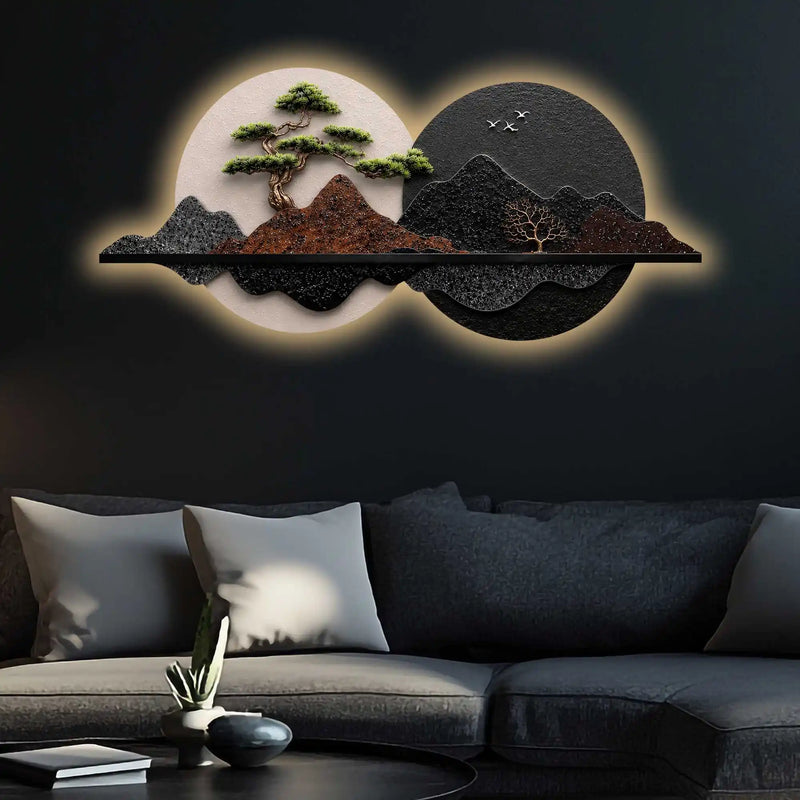 Golden Pine Tree Dual Moon Landscape Premium Crystal Glass Backlit LED Wall Art