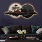 Golden Pine Tree Dual Moon Landscape Premium Crystal Glass Backlit LED Wall Art