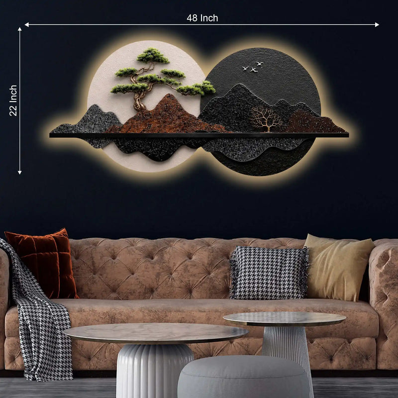 Golden Pine Tree Dual Moon Landscape Premium Crystal Glass Backlit LED Wall Art
