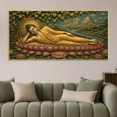 Golden Reclining Buddha on Lotus 3D Bas-Relief Type Canvas Wall Painting