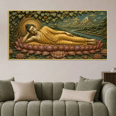 Golden Reclining Buddha on Lotus 3D Bas-Relief Type Canvas Wall Painting