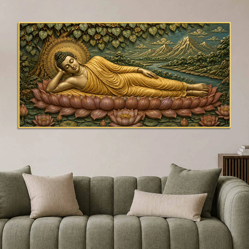 Golden Reclining Buddha on Lotus 3D Bas-Relief Type Canvas Wall Painting