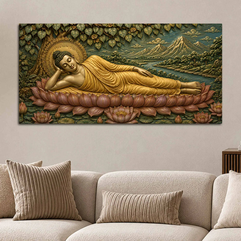 Golden Reclining Buddha on Lotus 3D Bas-Relief Type Canvas Wall Painting