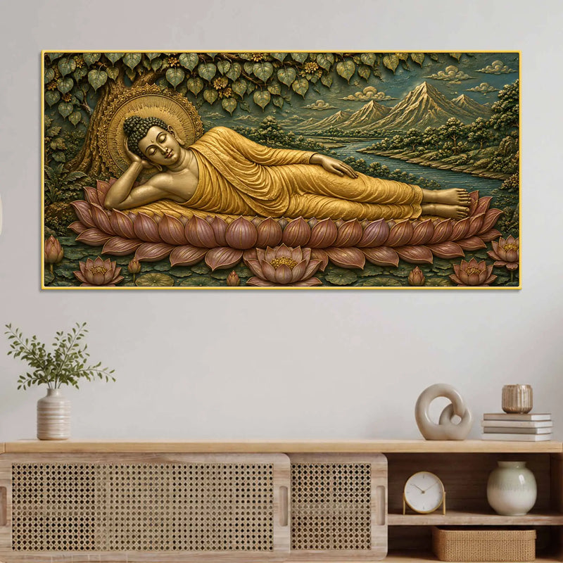 Golden Reclining Buddha on Lotus 3D Bas-Relief Type Canvas Wall Painting