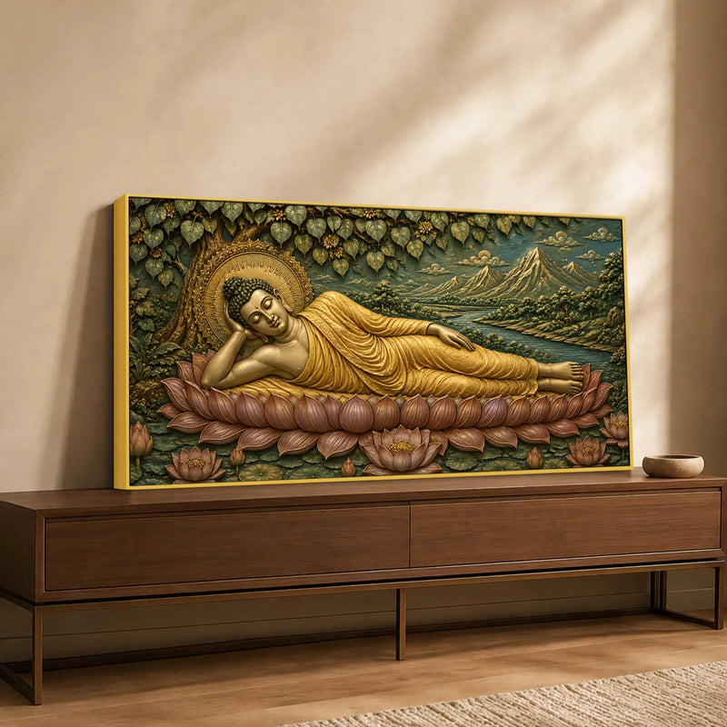 Golden Reclining Buddha on Lotus 3D Bas-Relief Type Canvas Wall Painting