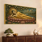 Golden Reclining Buddha on Lotus 3D Bas-Relief Type Canvas Wall Painting