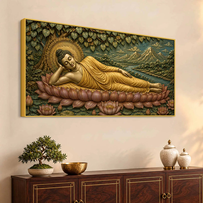 Golden Reclining Buddha on Lotus 3D Bas-Relief Type Canvas Wall Painting