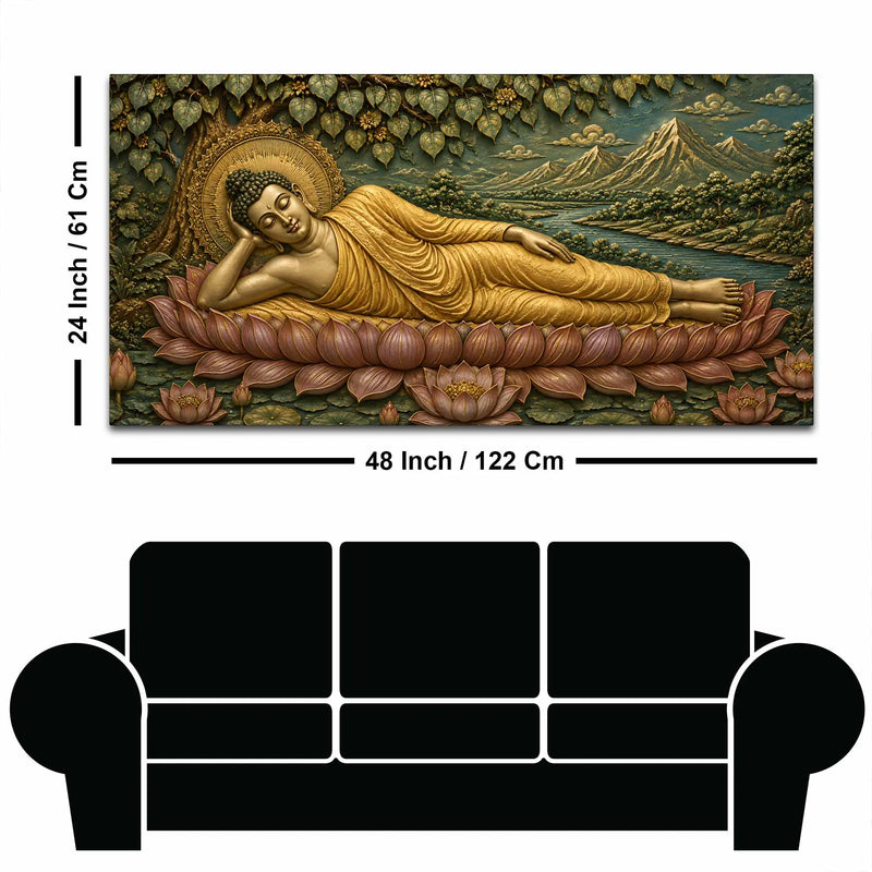 Golden Reclining Buddha on Lotus 3D Bas-Relief Type Canvas Wall Painting