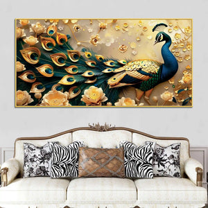 golden-regal-peacock-surrounded-by-golden-flowers-canvas-wall-painting
