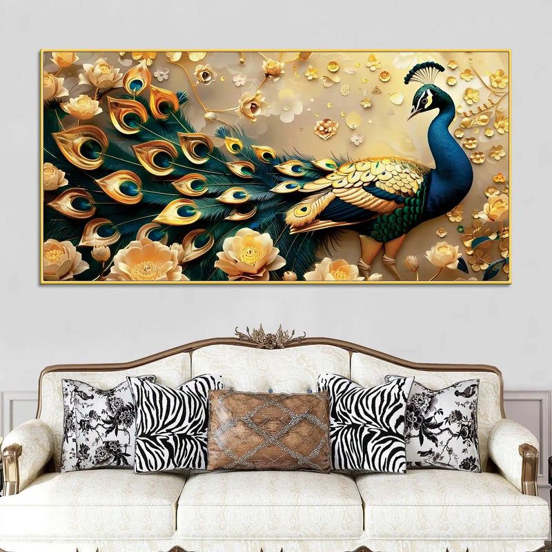 golden-regal-peacock-surrounded-by-golden-flowers-canvas-wall-painting
