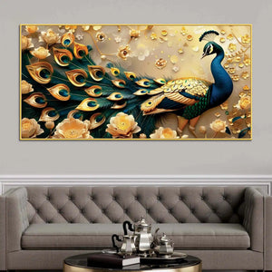 Golden Regal Peacock Surrounded by Golden Flowers Canvas Wall Painting