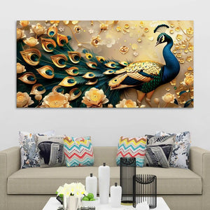 Golden Regal Peacock Surrounded by Golden Flowers Canvas Wall Painting