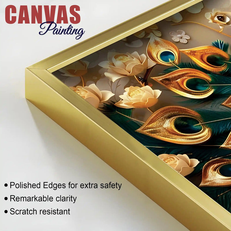 Golden Regal Peacock Surrounded by Golden Flowers Canvas Wall Painting