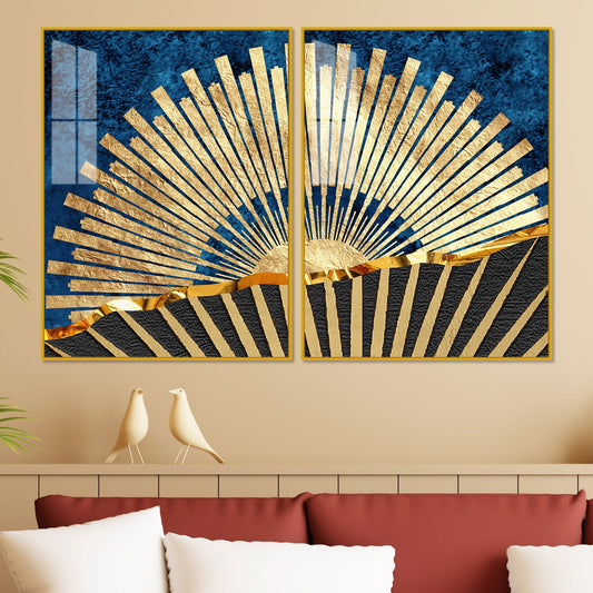 Golden Rising Sun Acrylic Floating Wall Painting Set of 2